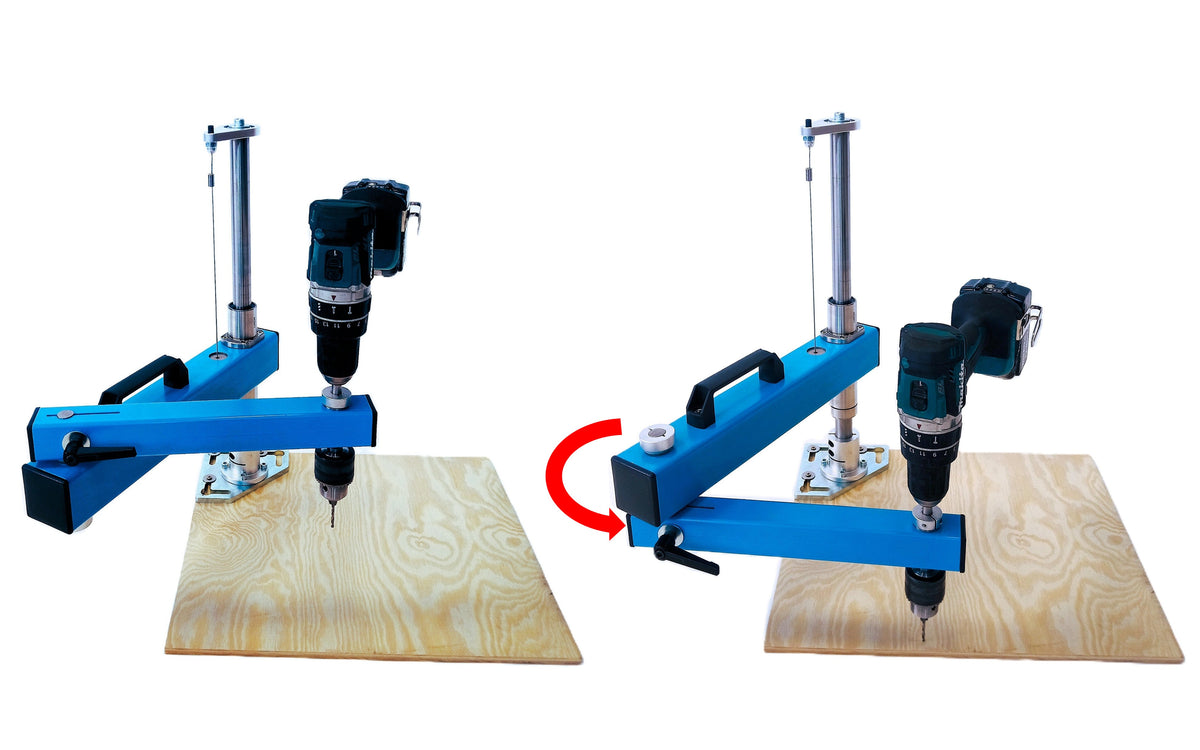 Portable drill guide for perpendicular drilling with swapping arm